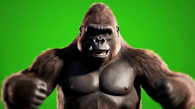 Green Screen funny brown gorilla fighting super realistic fur and hair 4k animation scene 3 with distortion, overlay, glitch, static noise, scan lines on black background, animated video loop