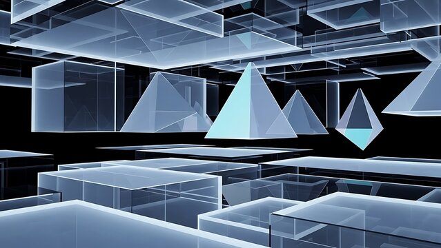 Geometric shapes suspended in a futuristic 3D space with icy blue tones and transparent structures viewed from a low angle