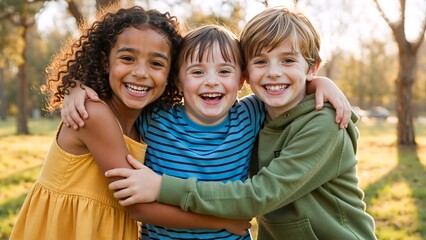 Three diverse children hugging and laughing in park. Happy group of friends smiling outdoors during golden hour. Childhood friendship and diversity concept
