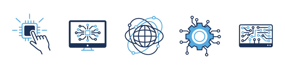 Digital tech icon set. Circuit, computer, digital transformation and internet connection icon on transparent background