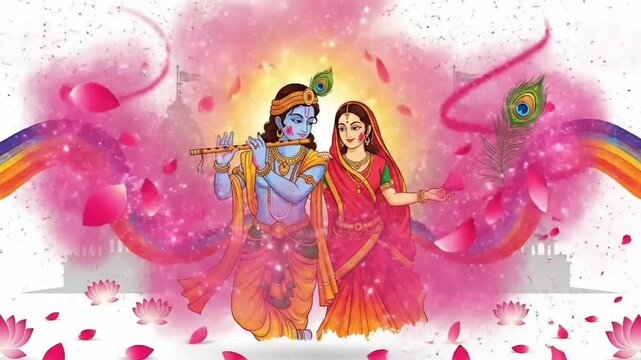 Holi celebration of Krishna and Radha video motion animated footage and animation with colorful festival scene for greeting background banner and commercial design