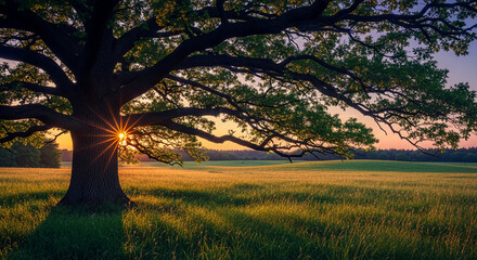 Large, old tree stands in a field with sunset light shining through its branches, creating a warm and peaceful atmosphere, symbolizing longevity and nature