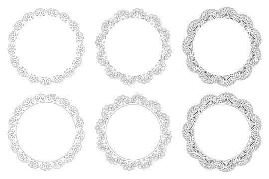 黒線画の繊細レース円形フレームセット ドイリー風装飾枠の透過ベクター素材/Black Line Art Lace Circular Frame Set Delicate Doily Style Decorative Border Vector