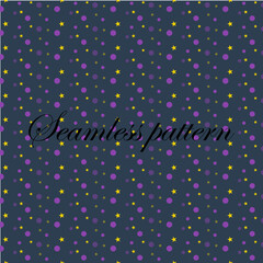 A playful seamless pattern featuring scattered purple polka dots and bright yellow stars on a dark blue background Vector
