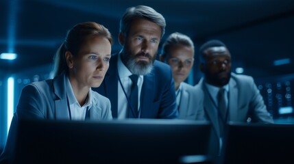 In a dimly lit control room, a diverse team of professionals concentrates intently on computer screens, examining crucial data with determination and teamwork during evening hours