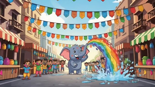 Holi festival cartoon elephant spraying rainbow colors with happy children crowd video motion animated footage and animation for joyful street celebration background design
