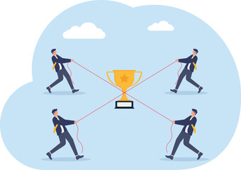 Fototapeta premium Shared Success Concept with Team Pulling Ropes Connected to Golden Trophy Cup