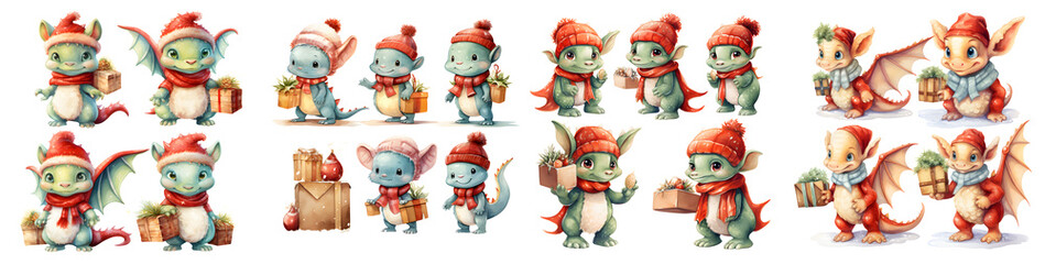 Obraz premium Adorable Christmas dragon character illustrations with a transparent background