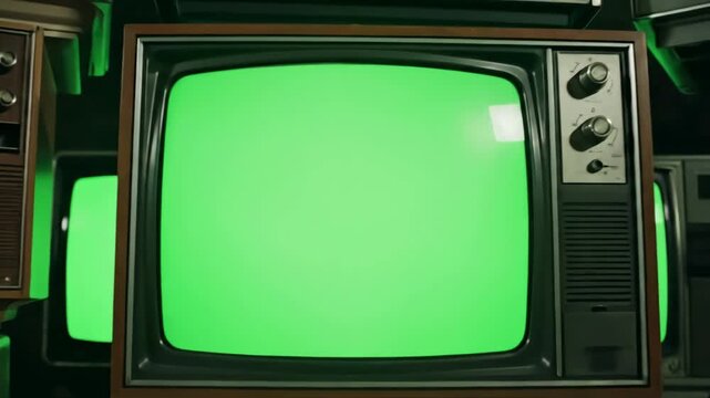 Green Screen stacked vintage television dolly in you can replace with the footage or picture want do it lkeyingr effect after effects 4k scene 3 distortion, overlay, glitch, static noise, scan lines