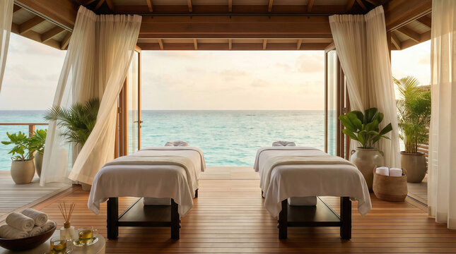 Outdoor spa cabanas with massage beds overlooking ocean creating calm retreat for wellness relaxation and coastal self care