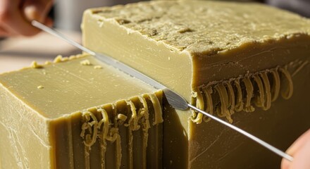 Large block of natural soap being precisely cut into smaller sections with a thin blade