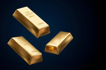 Three shiny 1kg gold bars with fine gold on dark blue backdrop. Banner template precious metal investment and wealth protection concept, bank deposits, secure storage, growth of stocks with copyspace