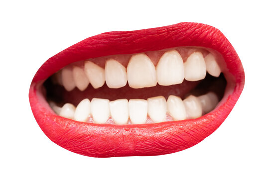 Sexy sensual female mouth with white teeth and red lipstick color isolated on white background