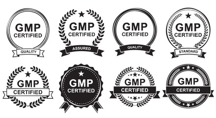 Fototapeta premium Collection of circular GMP certification badges for quality assurance standards