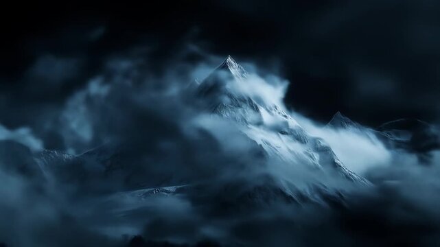 Dramatic mountain peak with dark clouds and atmospheric lighting