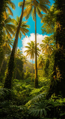 Obraz premium Lush tropical forest scene with tall palm trees under a blue sky and white cloud, representing nature, vacation and travel destination, ideal for travel ads