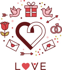 A vibrant illustration of interconnected love and romance symbols, featuring hearts, doves, roses, and gifts, perfectly arranged for celebrating Valentine's Day and special moments of affection