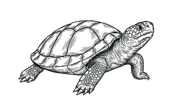 Detailed black and white illustration of a tortoise, showing its textured shell and pebbled skin. The tortoise appears calm and contemplative.