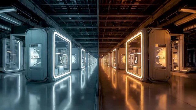 High Tech Industrial Hallway With Glowing Modular Chambers and Reflective Floor Creating Symmetrical Architecture and Advanced Facility Atmosphere