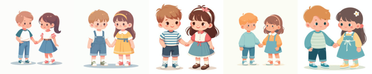 vector two children standing holding hands