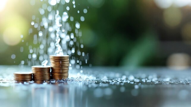 Concept of investment, finance and saving money, stack of coins, pile of money at dark background. water bills, utility bill taxes. energy crisis