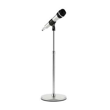 A sleek microphone on a stand against a transparent background