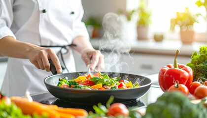Cooking a vegetarian meal in a pan, closeup. AI