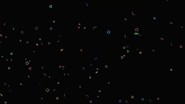 Abstract geometric shapes float against a dark background