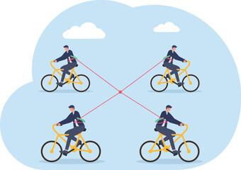 Fototapeta premium Team Coordination Concept with Professionals Riding Bicycles Connected by Ropes