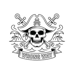 Pirate skull with crossbones and swords wearing a tricorn hat amidst waves and banner that says wrong way