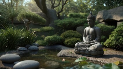 Peaceful Zen garden with Buddha statue