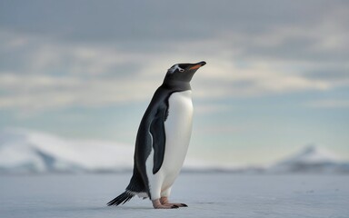 Obraz premium Lonely Penguin Standing Still and Looking Up at the Sky in a Vast Polar Landscape