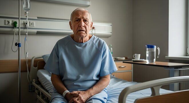 Elderly Man Sitting on Hospital Bed Looking Concerned.