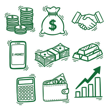 Collection of HandDrawn Icons Representing Finance and Business Concepts.