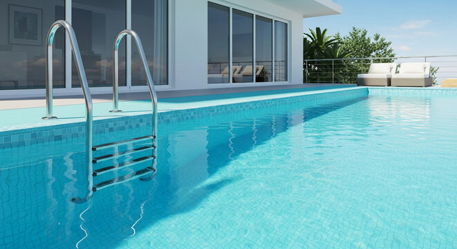 Azure pool with metal ladder, representing outdoor leisure and opulent lifestyle, with bright sky, architecture, and plant visible, evokes relaxation
