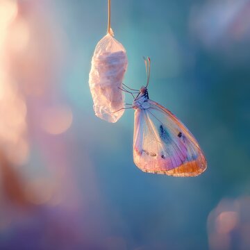 A butterfly emerging from its cocoon in natural sunlight
