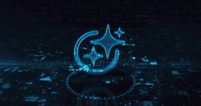 Artificial intelligence Ai hologram symbol appears on a digital background. Network, cyber technology and computer abstract concept 3d animation.