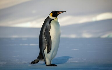 Obraz premium Penguin Standing on Ice with Soft Polar Light and Clean Background