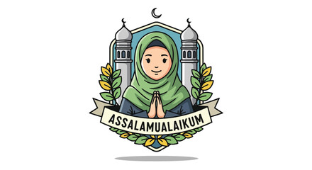 Obraz premium Islamic Greeting Assalamualaikum Woman Wearing Hijab Mosque Emblem.