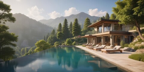 Obraz premium Serene mountainside villa with infinity pool overlooking a peaceful valley with rolling hills and tall trees , hillside, villa, architecture