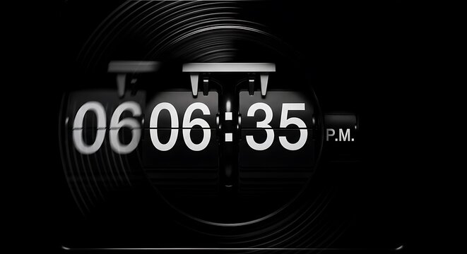 Retro flip clock shows 06:06:35 PM on a dark background.