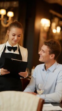 Smiling waitress holding a clipboard and talking to a happy customer in a restaurant
