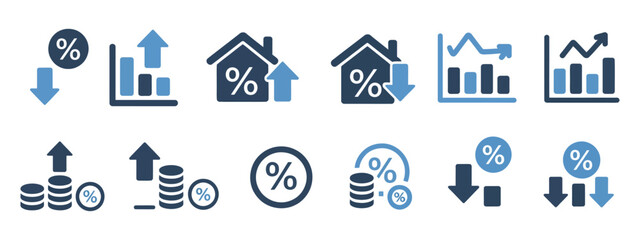Fototapeta premium Low and high interest rate icon set, vector graphics representing up and down percentages, loan and mortgage growth, economic trend symbols, modern finance design.