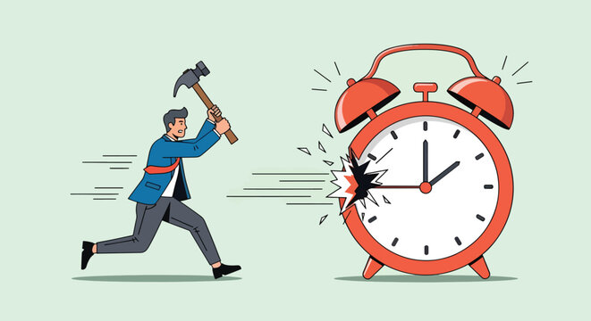 Man Smashing Alarm Clock with Hammer in Frustration.