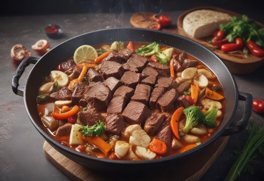 Sizzling beef and vegetables in a spicy malatang broth, malatang, vegetables, spicy
