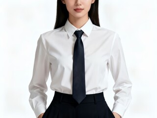 Female model wearing formal office wear white shirt and tie