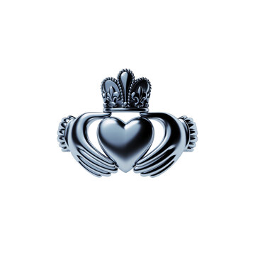 Elegant metallic claddagh symbol with a gleaming silver finish against a dark backdrop isolated on transparent background, Vector