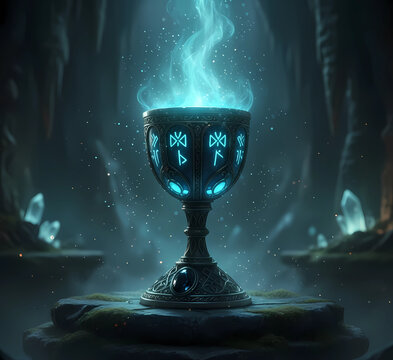 Antique Magic Chalice with Ethereal Glow on Stone Pedestal