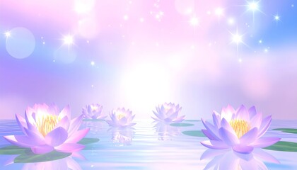 Obraz premium A serene scene featuring soft-focus water lilies floating gently on a reflective surface beneath a dreamy, pastel-hued sky. Sparkling stars add ethereal charm