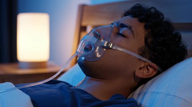 Man breathes through oxygen mask during sleep therapy at night. Patient uses mask for breathing treatment in bed. Man with oxygen therapy sleeps peacefully. Medical mask helps patient breathe.